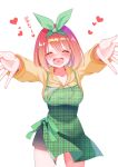  1girl absurdres apron bangs blush breasts closed_eyes collarbone eyebrows_visible_through_hair facing_viewer go-toubun_no_hanayome green_apron hairband heart heart_in_mouth highres large_breasts nakano_yotsuba open_mouth orange_hair outstretched_arms piyopoyo short_hair smile solo swept_bangs translation_request 