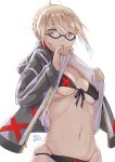  1girl ahoge artoria_pendragon_(all) bikini bikini_under_clothes black-framed_eyewear black_ribbon blonde_hair blush braid breasts brown_eyes closed_mouth commentary_request dated def_(chronowarld) fate/grand_order fate_(series) front-tie_bikini front-tie_top glasses groin highres jacket lifted_by_self long_sleeves looking_at_viewer lowleg lowleg_bikini medium_breasts mysterious_heroine_x_(alter) navel open_clothes open_jacket ribbon semi-rimless_eyewear shirt_lift short_hair_with_long_locks sidelocks signature simple_background solo stomach swimsuit two-tone_bow two-tone_jacket under-rim_eyewear under_boob white_background 