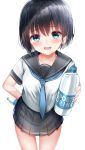  1girl :d absurdres arm_behind_back bangs black_hair black_sailor_collar black_skirt blue_eyes blue_neckwear blush bottle collarbone eyebrows_visible_through_hair hair_between_eyes highres holding holding_bottle looking_at_viewer neckerchief neku_(neku_draw) open_mouth original pleated_skirt sailor_collar school_uniform serafuku shirt short_hair short_sleeves simple_background skirt smile solo sweat water_bottle white_background white_shirt 