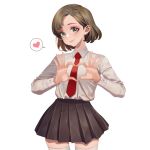  1girl black_skirt blush brown_hair closed_mouth collared_shirt eyebrows eyeshadow green_eyes heart heart_hands highres hongcasso long_sleeves looking_at_viewer makeup necktie original pleated_skirt red_eyeshadow red_neckwear shirt short_hair simple_background skirt smile solo speech_bubble spoken_heart thigh-highs white_background white_legwear white_shirt 