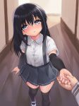  1boy 1girl admiral_(kantai_collection) arm_warmers asashio_(kantai_collection) bangs black_hair black_legwear blue_eyes blush eyebrows_visible_through_hair fanbox_reward foreshortening funitarefu grey_skirt hair_between_eyes half-closed_eyes hallway highres holding_hands indoors kantai_collection long_hair looking_at_viewer paid_reward parted_lips pov shirt short_sleeves sidelocks skirt solo_focus standing staring suspender_skirt suspenders thigh-highs white_shirt 