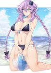  1girl ball beachball bikini bikini_day black_bikini blue_eyes blush braid breasts dura highres large_breasts navel neptune_(series) power_symbol purple_hair purple_heart smile solo swimsuit symbol-shaped_pupils twin_braids twintails 