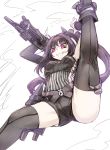 1girl architect_(girls_frontline) asymmetrical_clothes black_hair boots eyebrows_visible_through_hair from_below girls_frontline grin highres hip_vent hourai_kochou leg_up long_hair pink_eyes pink_nails pinstripe_pattern side_ponytail sketch smile solo striped thigh-highs very_long_hair 