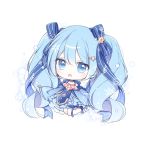  1girl :d bangs blue_bow blue_dress blush bow chibi commentary dress eyebrows_visible_through_hair full_body hair_between_eyes hair_bow hair_ornament hairclip hatsune_miku long_hair long_sleeves looking_at_viewer mattang open_mouth sleeves_past_fingers sleeves_past_wrists smile solo star_(symbol) star_hair_ornament striped striped_bow symbol_commentary twintails very_long_hair vocaloid white_background yuki_miku yuki_miku_(2017) 