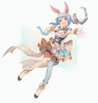  1girl :d absurdres animal_ear_fluff animal_ears asymmetrical_legwear bangs bare_shoulders blue_background blue_bow blue_hair blue_legwear boots bow braid breasts carrot_hair_ornament dress eyebrows_visible_through_hair food_themed_hair_ornament full_body gawain_(artist) gloves hair_between_eyes hair_bow hair_ornament highres holding holding_microphone hololive long_hair microphone multicolored_hair open_mouth outstretched_arm rabbit_ears red_eyes short_eyebrows single_sock single_thighhigh sleeveless sleeveless_dress small_breasts smile socks solo striped striped_legwear thick_eyebrows thigh-highs twin_braids twintails two-tone_hair usada_pekora vertical-striped_legwear vertical_stripes very_long_hair virtual_youtuber white_bow white_dress white_footwear white_gloves white_hair white_legwear 