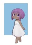  1girl bangs bare_arms bare_shoulders barefoot blue_background blush chibi closed_mouth dark_skin dress drop_shadow eyebrows_visible_through_hair fate/prototype fate/prototype:_fragments_of_blue_and_silver fate_(series) hair_between_eyes hassan_of_serenity_(fate) highres i.u.y looking_at_viewer purple_hair sidelocks sleeveless sleeveless_dress smile solo two-tone_background violet_eyes white_background white_dress 