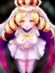  1girl blonde_hair breasts crown dress drill_hair eyebrows_visible_through_hair fingernails furrowed_eyebrows hands_clasped highres holy_mami interlocked_fingers juliet_sleeves long_hair long_sleeves looking_at_viewer magia_record:_mahou_shoujo_madoka_magica_gaiden magical_girl mahou_shoujo_madoka_magica medium_breasts nail_polish open_mouth own_hands_together puffy_sleeves ribbon solo thigh-highs tomoe_mami tsukigime_(fool_ehle) twin_drills veil white_dress white_legwear yellow_eyes yellow_nails yellow_ribbon zettai_ryouiki 