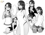  1girl bangs black_hair breasts collared_shirt commentary covered_navel dark_skin ear_clip embarrassed fan fangs fanning_self greyscale grin hair_between_eyes hair_ornament hairclip highres ijiranaide_nagatoro-san long_hair monochrome nagatoro_hayase navel necktie nyxkz one-piece_swimsuit one_eye_closed pleated_skirt shirt skirt small_breasts smile smug solo speech_bubble suit_jacket swimsuit tan tanline thigh-highs tongue tongue_out water zettai_ryouiki 