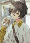  1boy absurdres alternate_costume animal_ears arknights artist_name ayerscarpe_(arknights) bandaid bandaid_on_nose bangs blurry blurry_background casual chinese_commentary coffee_cup commentary_request cup disposable_cup grey_hair hair_between_eyes hand_up heart highres holding holding_cup long_sleeves looking_at_viewer male_focus orange_eyes plaid rabbit_ears shao_(shaorouhong) shirt upper_body white_shirt 