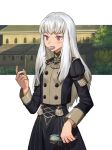  1girl candy fire_emblem fire_emblem:_three_houses food food_in_mouth garreg_mach_monastery_uniform highres holding_lollipop imageprogram_(kent) lollipop long_hair long_sleeves lysithea_von_ordelia pink_eyes solo tree uniform white_hair 