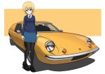  1girl absurdres black_legwear blonde_hair blue_eyes blue_sweater braid car darjeeling_(girls_und_panzer) emblem girls_und_panzer ground_vehicle highres kano_(nakanotakahiro1029) legs motor_vehicle pantyhose school_uniform sweater vehicle_focus 