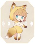  :3 animal_ears animal_hood ayu_(mog) blue_eyes blush bright_pupils brown_gloves brown_hair fox_ears fox_tail from_behind full_body gloves hood hood_up looking_at_viewer looking_back original paw_gloves paws short_hair shorts standing tail transparent_border white_pupils 