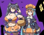  2girls :&lt; animal_ears bare_shoulders basket bat black_bow black_hair black_jacket blanc blue_bow blue_cape blue_eyes blue_ribbon bow breasts brooch brown_hair bubble_skirt building cape cat_ears cat_tail choujigen_game_neptune collared_shirt commentary_request cowboy_shot crown495 frills garters hair_bow hand_up hat hat_bow holding holding_basket huge_breasts jacket jewelry long_hair long_sleeves looking_at_viewer midriff multiple_girls navel neptune_(series) noire one_eye_closed orange_skirt outstretched_arm paw_print plump pumpkin_hat purple_background red_eyes ribbon scrunchie shirt short_hair simple_background skindentation skirt smile stomach striped striped_bow tail thigh-highs twintails window wrist_scrunchie 