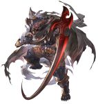  1boy armor armored_boots boots cape dark_skin dark_skinned_male draph full_body gauntlets glowing glowing_eyes granblue_fantasy granblue_fantasy_versus holding holding_weapon hood horns minaba_hideo official_art scythe torn_cape torn_clothes transparent_background vaseraga weapon 