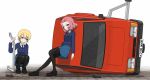  1girl 2girls absurdres black_legwear blonde_hair blue_eyes blue_sweater braid brown_eyes car darjeeling_(girls_und_panzer) emblem frown girls_und_panzer ground_vehicle highres kano_(nakanotakahiro1029) legs motor_vehicle multiple_girls one_eye_closed pantyhose redhead reliant_robin rosehip_(girls_und_panzer) school_uniform sweater top_gear vehicle_focus wreckage 