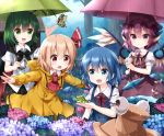  4girls :o bow bug butterfly cirno coat eyeball eyes_visible_through_hair flower frog hair_ornament hair_ribbon hat holding holding_umbrella hydrangea insect multiple_girls mystia_lorelei open_mouth outstretched_arms puffy_short_sleeves puffy_sleeves rain raincoat ribbon rumia ruu_(tksymkw) short_sleeves skirt spread_arms touhou tree umbrella water_drop wet wet_clothes wings wriggle_nightbug yellow_coat 