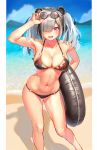  1girl absurdres animal_ears arknights armpits beach bikini black_bikini black_hair blue_sky breasts clouds collarbone commentary_request doll39 eyewear_on_head feater_(arknights) floral_print grey_hair hair_over_one_eye hand_up highres large_breasts looking_at_viewer multicolored_hair navel o-ring o-ring_bikini open_mouth outdoors panda_ears pink_eyes sand sky smile solo standing streaked_hair sunglasses swimsuit 