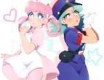  2girls absurdres blue_eyes blue_headwear brown_eyes doopiedoover eyebrows_visible_through_hair finger_gun gloves green_hair hat heart highres joy_(pokemon) junsaa_(pokemon) lipstick looking_at_viewer makeup multiple_girls nurse_cap parted_lips pink_hair pokemon red_lipstick short_hair short_sleeves white_gloves 