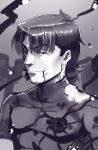  1boy bangs blood blood_from_mouth boa_(brianoa) character_request check_character closed_mouth fate/stay_night fate_(series) greyscale half-closed_eyes highres kotomine_kirei looking_at_viewer male_focus monochrome parted_bangs shirt short_sleeves smile solo torn_clothes upper_body 