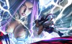  2girls angry ass battle black_hair breasts cloud.d covered_nipples detached_sleeves electricity fate/grand_order fate_(series) giantess gorgon_(fate) highres large_breasts long_hair looking_at_another multiple_girls purple_hair running single_legging slit_pupils sword under_boob ushiwakamaru_(fate/grand_order) violet_eyes weapon 