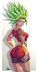  1girl achromaru ass biceps blonde_hair blue_eyes border breasts dragon_ball dragon_ball_super earrings english_commentary jewelry kale_(dragon_ball) looking_at_viewer looking_back medium_breasts midriff muscle muscular_female shadow signature solo spiky_hair super_saiyan white_border 