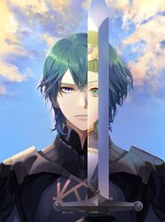  1boy 1girl black_shirt blue_eyes blue_hair blue_sky byleth_(fire_emblem) byleth_eisner_(male) circlet clouds ere_chip fire_emblem fire_emblem:_three_houses garreg_mach_monastery_uniform green_eyes green_hair highres looking_at_viewer shirt sky sothis_(fire_emblem) sword weapon 