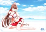  1girl absurdres barefoot bikini bikini_day blue_sky breasts brown_eyes brown_hair cherry_blossoms clouds highres kantai_collection large_breasts long_hair ponytail red_sarong sarong shizuki_michiru sky swimsuit yamato_(kantai_collection) 