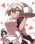  1boy 1girl ahoge alternate_costume apron bangs black_dress black_hair blush breasts closed_mouth commentary_request crossdressinging cup dress grey_hair gym_leader hair_between_eyes heart highres holding holding_tray kurachi_mizuki looking_at_viewer maid maid_apron maid_dress maid_headdress mask mug onion_(pokemon) pokemon pokemon_(game) pokemon_swsh saitou_(pokemon) shiny shiny_hair short_hair short_sleeves tray white_background 