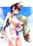  2girls :&lt; age_difference ahoge akashi_(azur_lane) animal_ears atago_(azur_lane) atago_(midsummer_march)_(azur_lane) azur_lane bikini blue_sky blue_swimsuit bow breasts brown_bow brown_hair closed_mouth clouds commentary day flat_chest flower green_hair hair_bow hair_flower hair_ornament hair_ribbon hand_on_another&#039;s_head height_difference highres large_breasts long_hair looking_at_another looking_at_viewer mole mole_under_eye multiple_girls old_school_swimsuit one-piece_swimsuit ribbon school_swimsuit signature sky smile standing swimsuit triangle_purasu very_long_hair white_bikini white_ribbon yellow_eyes 