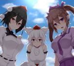  3girls :o animal_ear_fluff animal_ears bare_shoulders belt black_hair black_neckwear blue_sky blush breasts brown_hair clouds commentary day detached_sleeves eyebrows_visible_through_hair from_below hair_between_eyes hair_ribbon hat highres himekaidou_hatate inubashiri_momiji large_breasts leaning_forward medium_breasts multiple_girls neck_ribbon necktie open_mouth outdoors pointy_ears pom_pom_(clothes) puffy_short_sleeves puffy_sleeves purple_headwear purple_neckwear purple_shirt purple_skirt red_eyes red_headwear red_skirt ribbon shameimaru_aya shirt short_hair short_sleeves skirt sky smile standing tail tokin_hat touhou two_side_up untucked_shirt upper_body v_arms violet_eyes white_hair white_shirt wolf_ears wolf_tail wuwusan 