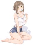  1girl bare_arms bare_legs bare_shoulders barefoot bra brown_hair eyebrows_visible_through_hair fangxiang_cuoluan feet food food_in_mouth highres ice_cream looking_at_viewer medium_hair navel original short_hair short_shorts shorts sitting tank_top underwear white_background yellow_eyes 