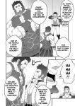  2boys bara beard chest couple crossed_arms doujinshi english_text facial_hair fate/grand_order fate/zero fate_(series) goatee greyscale highres iskandar_(fate) laughing long_sleeves male_focus manly monochrome multiple_boys muscle napoleon_bonaparte_(fate/grand_order) open_clothes pectorals scar size_difference smile speech_bubble upper_body 