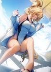  1girl bangs bare_shoulders beach blue_eyes blue_sky breasts closed_mouth fate/grand_order fate_(series) genyaky glasses highleg highleg_swimsuit highres jacket jeanne_d&#039;arc_(fate)_(all) jeanne_d&#039;arc_(swimsuit_archer) large_breasts legs long_hair long_sleeves looking_at_viewer off_shoulder one-piece_swimsuit open_clothes open_jacket ponytail sandals sitting sky smile swimsuit whistle whistle_around_neck white_jacket white_swimsuit 
