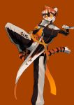  1girl absurdres animal_ears arknights bangs black_hair breasts brown_background furry highres leg_up looking_away medium_breasts orange_hair parted_bangs short_hair simple_background solo sunglasses tail tiger_ears tiger_tail waai_fu_(arknights) white_hair yakupan 