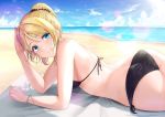  1girl arched_back ass ayase_eli bangs bare_shoulders beach bikini black_bikini blonde_hair blue_eyes blue_sky bracelet breasts butt_crack closed_mouth clouds day earrings from_side hair_between_eyes hand_on_own_head horizon jewelry lens_flare looking_at_viewer love_live! love_live!_school_idol_project lying medium_breasts ocean on_stomach outdoors rama_(yu-light8) sand side-tie_bikini sky smile solo sunlight swimsuit towel translated water white_towel 