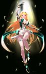  1girl absurdres blonde_hair breasts floating highres mythra_(xenoblade) large_breasts light_rays risumi_(taka-fallcherryblossom) solo solo_focus xenoblade_(series) xenoblade_2 yellow_eyes 