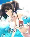  1girl bikini blue_sky blurry breasts brown_eyes brown_hair clouds cowboy_shot day depth_of_field droplet ena_(hui_jia) kantai_collection large_breasts liquid looking_at_viewer open_mouth outdoors sendai_(kantai_collection) short_hair sky smile solo swimsuit twitter_username two-tone_bikini two_side_up 