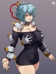  1girl aqua_hair black_shirt boku_no_hero_academia breasts cowboy_shot disembodied_limb evil_grin evil_smile eyebrows eyebrows_visible_through_hair facial_scar genderswap genderswap_(mtf) grin hand_around_neck hand_on_head hands hands_on_shoulders highres jmg large_breasts long_shirt mole mole_under_mouth scar scar_across_eye shigaraki_tomura shirt smile teeth thighs 