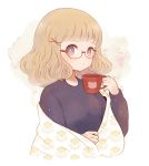  1girl ayu_(mog) black_sweater bright_pupils brown-framed_eyewear brown_eyes brown_hair closed_mouth cup floral_print glasses hair_ornament holding holding_cup looking_at_viewer semi-rimless_eyewear solo sweater under-rim_eyewear unmoving_pattern upper_body white_pupils x_hair_ornament 