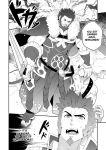  2boys armor bara beard cape chest doujinshi english_text facial_hair fate/grand_order fate/zero fate_(series) fur_collar goatee greyscale highres holding_head iskandar_(fate) male_focus manly monochrome multiple_boys muscle napoleon_bonaparte_(fate/grand_order) pectorals smile speech_bubble surprised sweatdrop sword upper_body weapon 