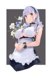  1girl anchor_choker anchor_necklace apron azur_lane black_hairband breasts center_frills choker dido_(azur_lane) flower frilled_choker frills from_below hairband highres lace-trimmed_hairband large_breasts long_hair maid maid_apron maid_dress marble_(marblesized) solo under_boob underboob_cutout violet_eyes waist_apron white_apron white_hair 