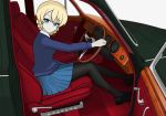  1girl absurdres black_legwear blonde_hair blue_eyes blue_sweater braid car car_interior darjeeling_(girls_und_panzer) emblem girls_und_panzer ground_vehicle highres kano_(nakanotakahiro1029) legs motor_vehicle pantyhose school_uniform sitting steering_wheel sweater 