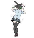  1girl \m/ animal_ears black_hair black_thighhighs blue_shirt blue_skirt brown_footwear commentary_request from_behind full_body gradient_hair green_hair loafers love_live! love_live!_nijigasaki_high_school_idol_club medium_hair motion_lines multicolored_hair nijigasaki_academy_school_uniform rabbit_ears rabbit_tail school_uniform shinanoya_(satanicad) shirt shoes short_sleeves skirt solo standing standing_on_one_leg summer_uniform tail takasaki_yu thigh-highs twintails white_background zettai_ryouiki 