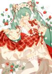  1girl aqua_hair closed_eyes closed_mouth dress food fruit hatsune_miku highres holding indai_(3330425) long_hair solo strawberry twintails vocaloid 