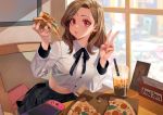  1girl bangs black_ribbon black_skirt brown_hair chair commentary commission drinking_straw food highres holding holding_food holding_pizza hongcasso indoors long_hair midriff navel neck_ribbon nintendo_switch original pink_eyes pizza pleated_skirt red_nails ribbon school_uniform shirt sitting skirt solo v white_shirt window 