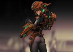 1girl absurdres armor blurry blurry_background bodysuit brown_hair closed_mouth cowboy_shot devil_lo from_behind green_eyes helmet highres looking_at_viewer looking_back orange_armor original science_fiction short_hair solo 