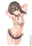  1girl armpits arms_behind_head bikini black_shorts blush brown_eyes brown_hair collarbone cropped_legs ebifurya eyebrows_visible_through_hair front-tie_bikini front-tie_top groin hair_between_eyes highres kantai_collection long_hair navel no_headwear parted_lips shorts side-tie_bikini simple_background solo striped striped_bikini swimsuit taihou_(kantai_collection) twitter_username white_background 