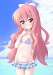  1girl arm_behind_back ass_visible_through_thighs bikini bikini_skirt blue_bikini blue_sky clouds commentary_request cowboy_shot day flat_chest haru_(konomi_150) highres long_hair looking_at_viewer louise_francoise_le_blanc_de_la_valliere ocean outdoors pink_eyes pink_hair ponytail sky solo standing swimsuit thigh_gap zero_no_tsukaima 