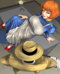  1boy 1girl alternate_hairstyle apron blue_dress bob_cut breasts brown_eyes brown_hair dress hand_on_leg high_heels highres lamp large_breasts lupin_iii mine_fujiko on_table red_footwear smile table toten_(der_fuhrer) zenigata_kouichi 