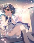  1girl aqua_sailor_collar back_bow black_legwear bloomers blue_bow blue_neckwear blush bow bowtie brown_eyes buttons ceiling cherry_blossoms classroom covering_mouth day dress grey_hair hair_ornament hair_ribbon holding_letter idolmaster idolmaster_cinderella_girls indoors lace lace-trimmed_dress light_particles looking_at_viewer love_letter otokura_yuuki petals ribbon short_hair short_sleeves sitting social_kasu_(mob_oji_katu) solo tareme thigh-highs tree underwear white_dress window wrist_cuffs yellow_ribbon 